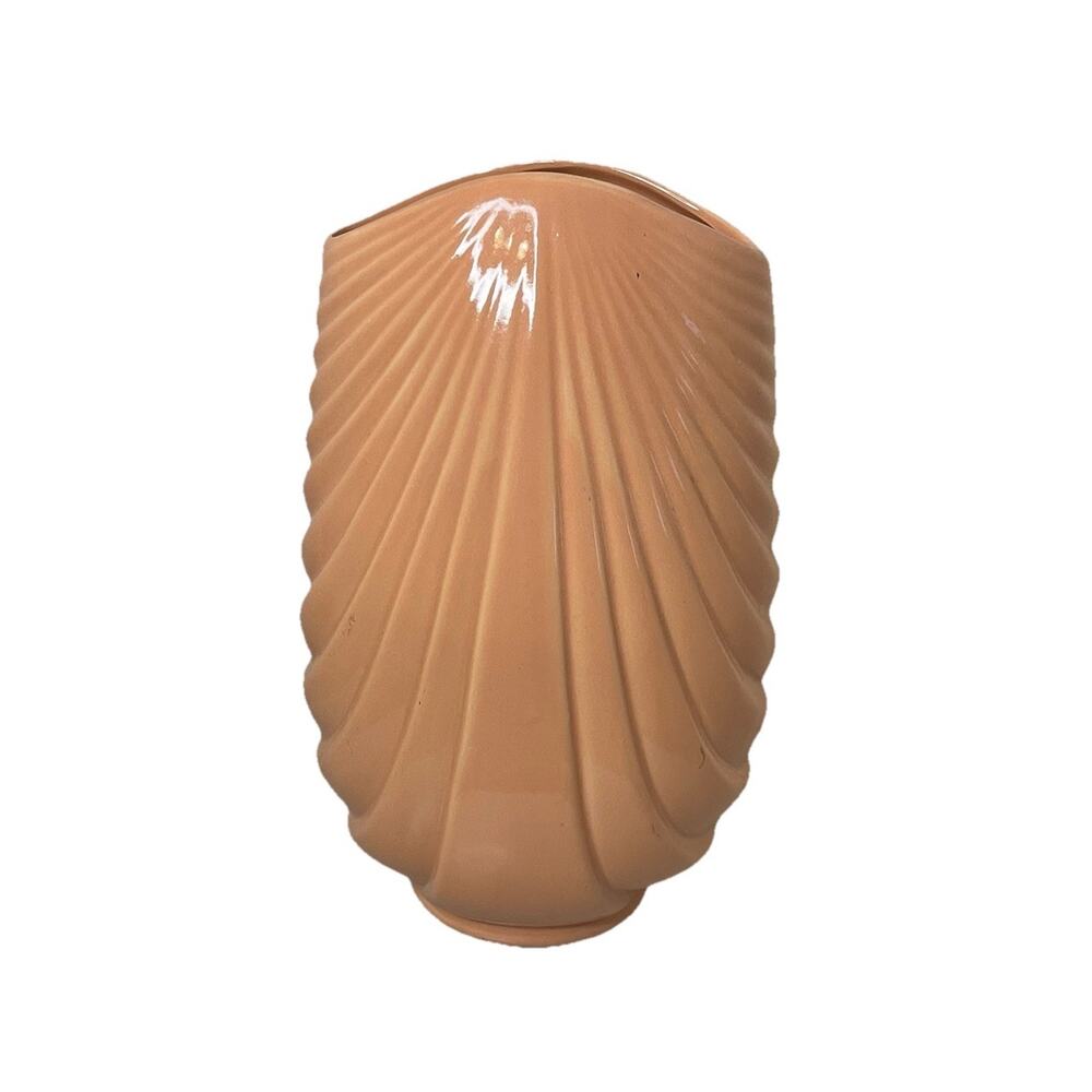 VTG Art Deco Dusty Rose Pink Ceramic Vase Ribbed Texture Fan Like Retro MCM 10.5
